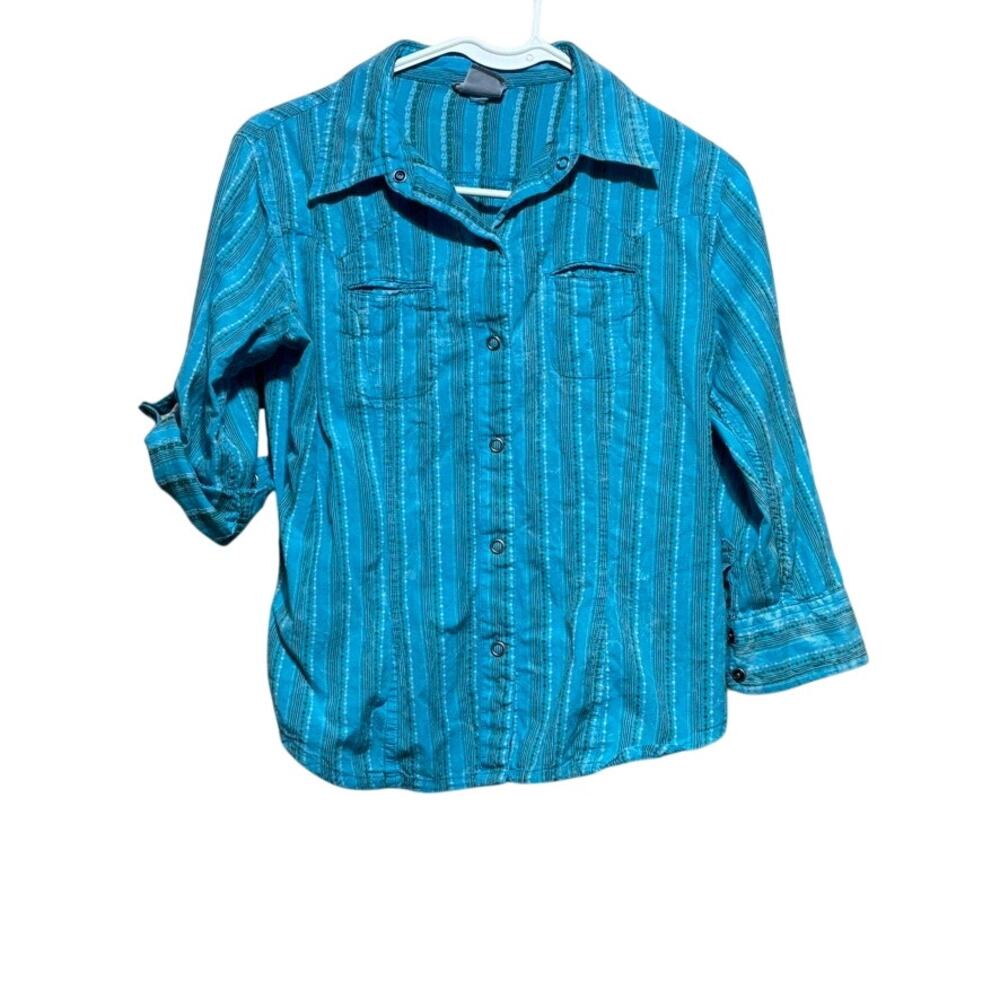 Vintage The North Face A5 Series Kids Teal Stripe Button-Up Shirt Youth Size L